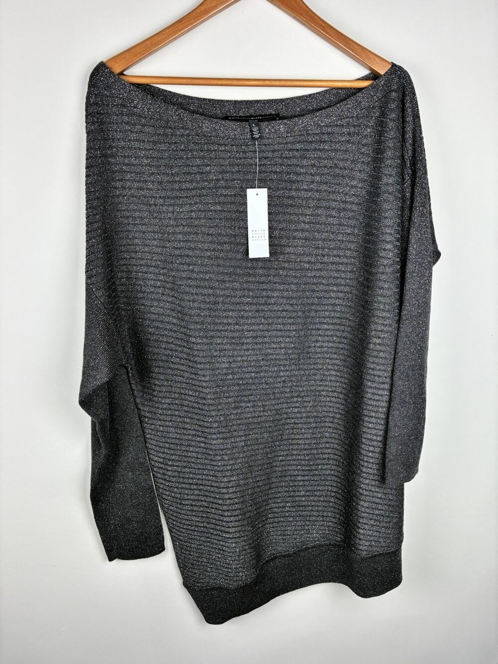 White House Black Market OTS Cozy Tunic Sweater Large Gray Metallic NWT Dressy